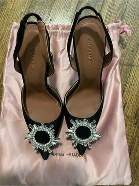 Black Satin Slingback Pumps with Crystal Sunburst